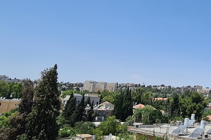 תמונת נוף - בתים ועצים על רקע שמיים בהירים